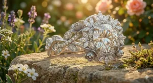 A unique floral engagement ring for women using marquise-cut side stones to mimic blooming flower buds.