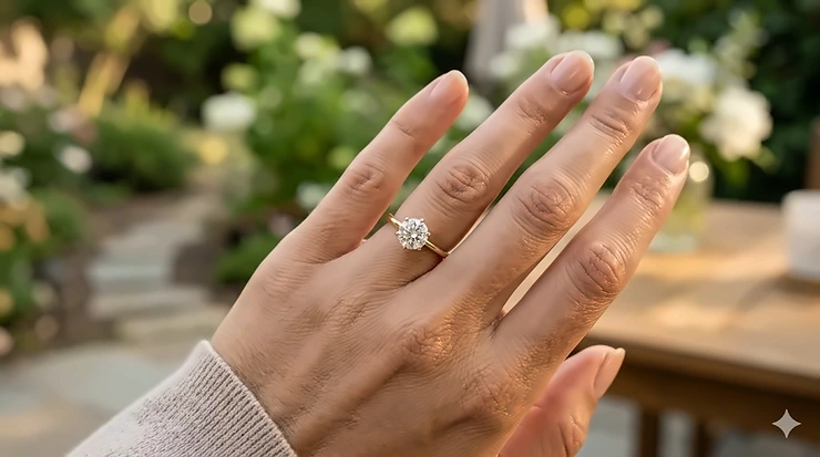 A minimalist diamond solitaire ring with a thin gold band showcased on a woman's finger, highlighting a dainty and classic engagement ring design. minimalist engagement ring thin band