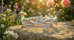 A delicate and minimalist floral engagement ring with a simple twig-inspired band design.