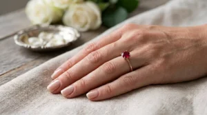 Minimalist illustration of a modern solitaire ruby engagement ring for women featuring a delicate rose gold band.