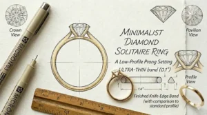 Multi-angle illustration of a minimalist solitaire ring design, detailing the ultra-thin band and low-profile diamond setting measurements.