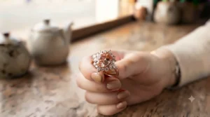 An oval peach sapphire engagement ring in a romantic rose gold setting with cluster diamond accents