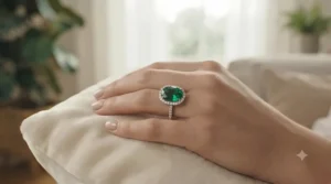 A tear drop or pear shaped green emerald engagement ring with a delicate diamond pavé band.