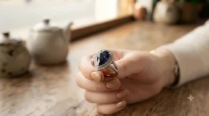 A teardrop pear shaped sapphire engagement ring for women in a white gold diamond double halo setting