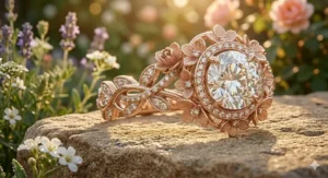 An elegant rose gold floral engagement ring featuring a delicate flower halo design around a central diamond.