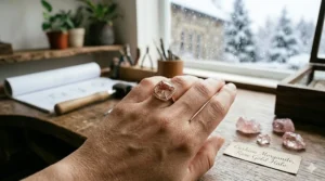 Cushion cut morganite ring in a rose gold band, displaying a popular blush pink alternative to traditional diamond engagement rings.