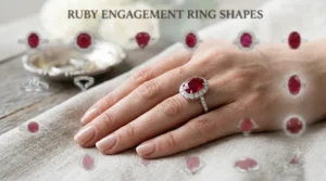 Illustration showing different gemstone cuts for a ruby engagement ring for women, including cushion, round, and pear shapes.