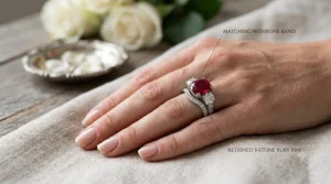Illustration of a bridal set showing how to pair a classic ruby engagement ring with a contoured women's wedding band.