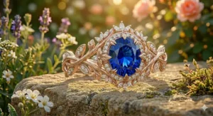A vibrant oval blue sapphire floral engagement ring for women framed by small diamond accents shaped like leaves.