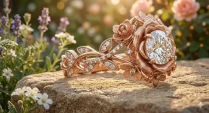 Top-down view of a classic solitaire floral engagement ring for women with a vintage leaf-shaping band.