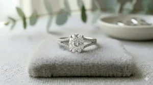 An oval-cut diamond solitaire supported by an intricate pavé-lined split shank band, popular among glamorous modern engagement ring styles.