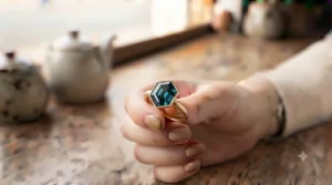 A unique teal sapphire engagement ring for women featuring a hexagon cut gemstone on a yellow gold band