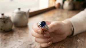 A classic three stone sapphire engagement ring featuring a central blue gemstone flanked by brilliant side diamonds