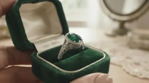 Vintage style emerald engagement ring with an intricate filigree band resting in a green velvet box.