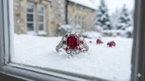 An oval cut red ruby engagement ring with a floral diamond halo resting on snow, illustrating romantic and unique wedding rings without diamonds.