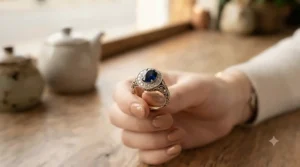 Antique style 18k yellow gold and vintage sapphire engagement ring for women on a dark reflective surface