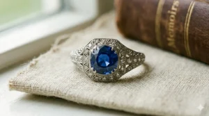 An antique inspired engagement ring with a central diamond flanked by deep blue sapphire accents.