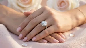 A top-down lifestyle photograph of a woman’s hands resting together, showcasing a sparkling glamorous halo diamond ring.