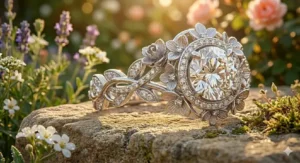 A white gold floral diamond engagement ring displaying a continuous botanical vine pattern along the band.