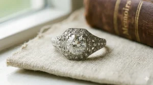 A round diamond vintage style engagement ring set in a textured 18k yellow gold band.