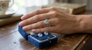 A luxury velvet ring box open to reveal a vintage style aquamarine engagement ring ready for a wedding proposal.