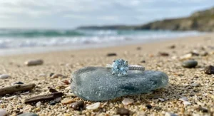 An elegant emerald cut aquamarine engagement ring with a brilliant diamond halo setting on a dark reflective surface.