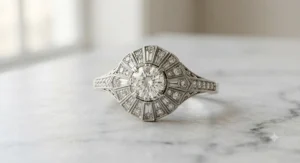 Unique Art Deco inspired platinum engagement ring featuring intricate details for women.