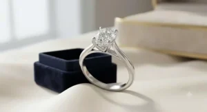 Traditional cathedral setting white gold oval engagement ring showcasing a brilliant center diamond.