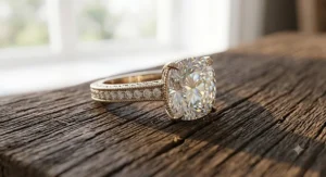 A classic solitaire moissanite engagement ring with a four-prong setting in yellow gold.