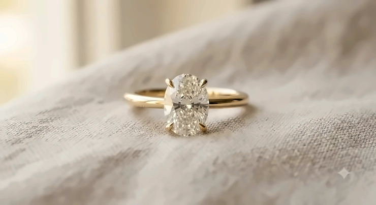 A timeless yellow gold oval engagement ring on a soft background.