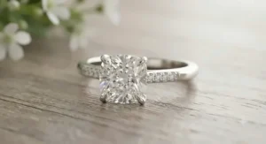 Elegant cushion-cut diamond engagement ring featuring a sparkling white gold band.