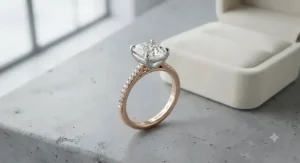A cushion cut diamond set in a sophisticated two tone engagement ring made for women, contrasting platinum and rose gold.