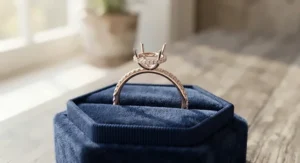 A custom rose gold oval engagement ring setting displayed on a velvet ring box in natural lighting.