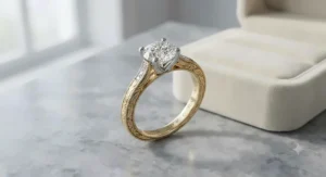 A custom-designed two tone engagement ring for women, highlighting expert craftsmanship in both yellow and white gold.