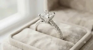 Close-up of a diamond white gold princess cut engagement ring with delicate pave set accent stones.