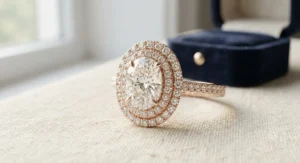 A glamorous double halo rose gold oval diamond ring offering maximum sparkle and brilliance.