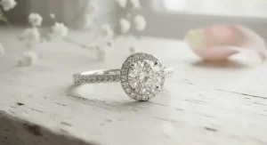 A brilliant round-cut halo engagement ring crafted in luxurious white gold.