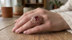 Solitaire peach pink morganite engagement ring featuring a hidden diamond halo under a rose gold prong setting.
