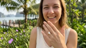 Close-up of a happy woman wearing her sparkling yellow gold engagement ring.