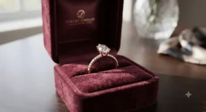 Luxury rose gold marquise ring presented inside an elegant velvet proposal box.