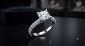 Luxury white gold princess cut engagement ring sparkling brilliantly under studio lighting.