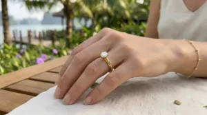 Dainty and minimalist yellow gold engagement ring for women with a simple gold setting.