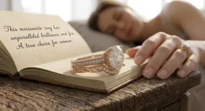 A matching bridal set featuring a pear shaped moissanite engagement ring stacked with a curved chevron wedding band.