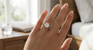 Close up illustration of a round brilliant moissanite engagement ring for women worn on a finger.