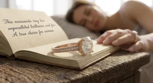 Side-by-side graphic chart comparing the light refraction and rainbow fire of a moissanite ring versus a diamond.