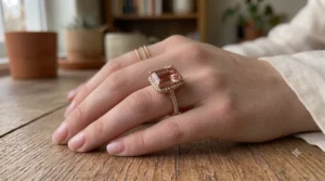 Close up view of a woman wearing a cushion cut morganite engagement ring in rose gold.
