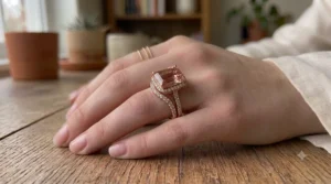 Matching morganite engagement ring and rose gold contoured diamond wedding band bridal set.