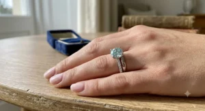 A classic oval aquamarine engagement ring featuring a platinum pave band with sparkling side diamonds.