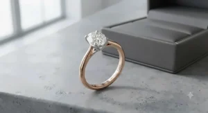 An oval-cut diamond solitaire on a stylish two tone engagement ring for women, mixing rose gold and silver-tone metal.