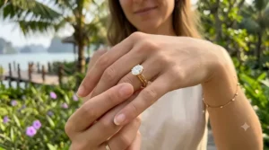 Elegant oval-cut diamond yellow gold engagement ring for women worn on a finger.